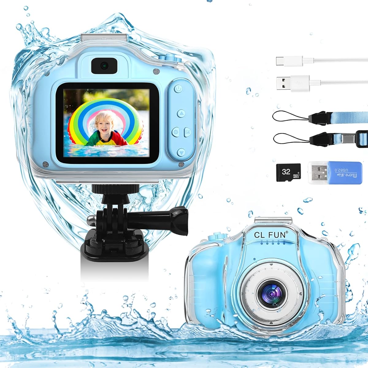 CL FUN Kids Waterproof Camera Gift for 5 6 7 8 9 10 Year Old Girls, Toddlers, Christmas and Birthday Gifts, Underwater Video Recorder with 32GB SD Card, Pink