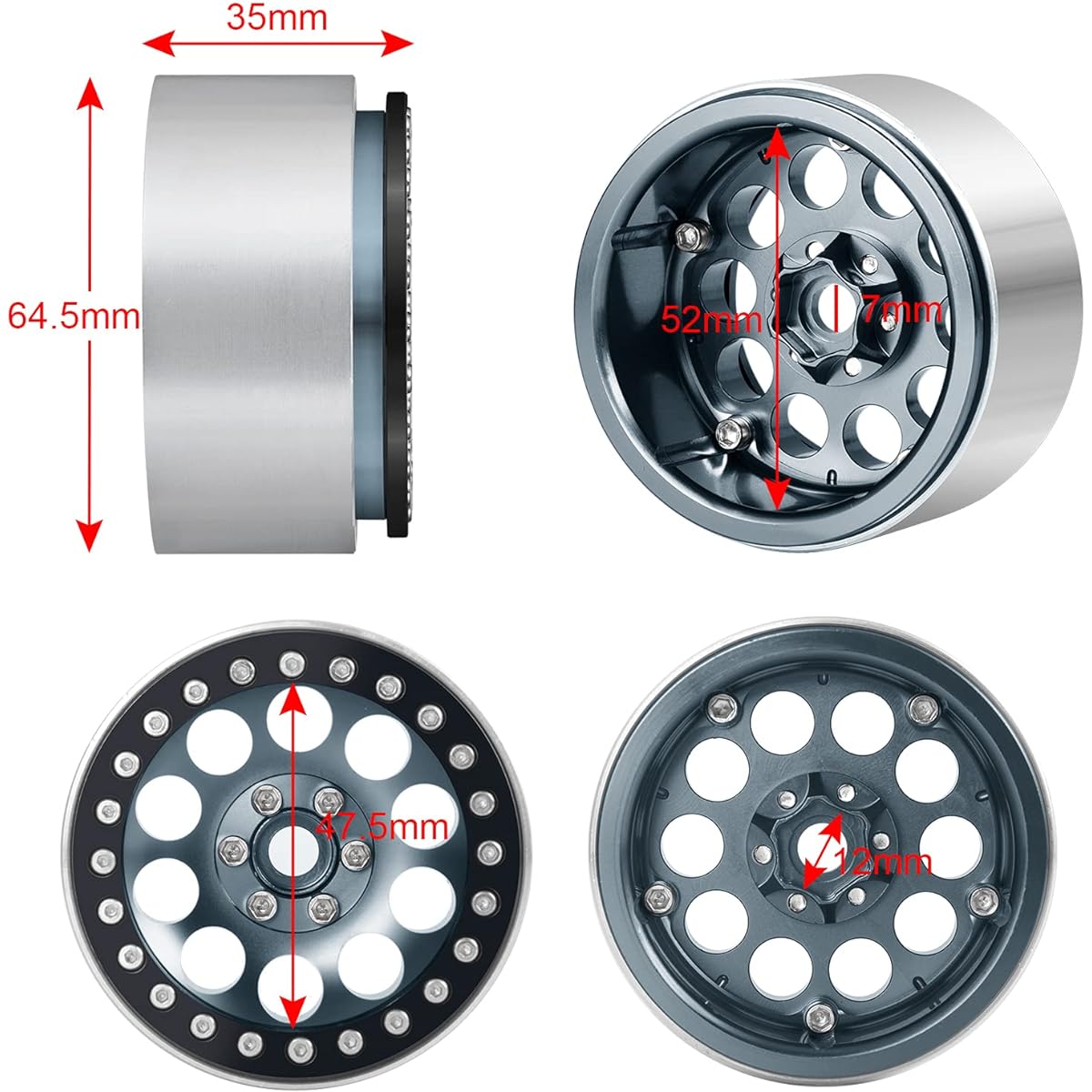Que-T 2.2" Metal Beadlock Wheel Rims 4 Pieces Wheel Hubs for 1:10 Scale Axial Wraith 90048 90018 RR10 RC Crawler Car (Titanium & Black)