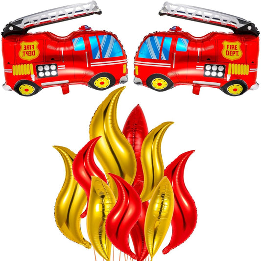 12pcs Fire Truck Balloons Party Decorations Jumbo Fire Truck Balloons 2pcs Fire Truck Birthday Balloons, Fire Truck Birthday Balloons, 10pcs Fire Truck Gold and Red Flame Balloons Birthday Decorations for Firefighter Party