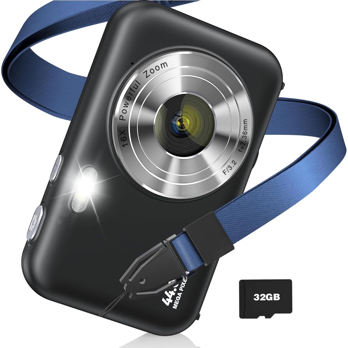 Digital Camera, 44MP, Toy Camera, Kids Camera, 1080P Video Recording, 16x Zoom, Image Stabilization, Self-Timer, Continuous Shooting, Mini Camera, Lightweight, For Students, School Trips, Beginners, 32GB Card Included, Black