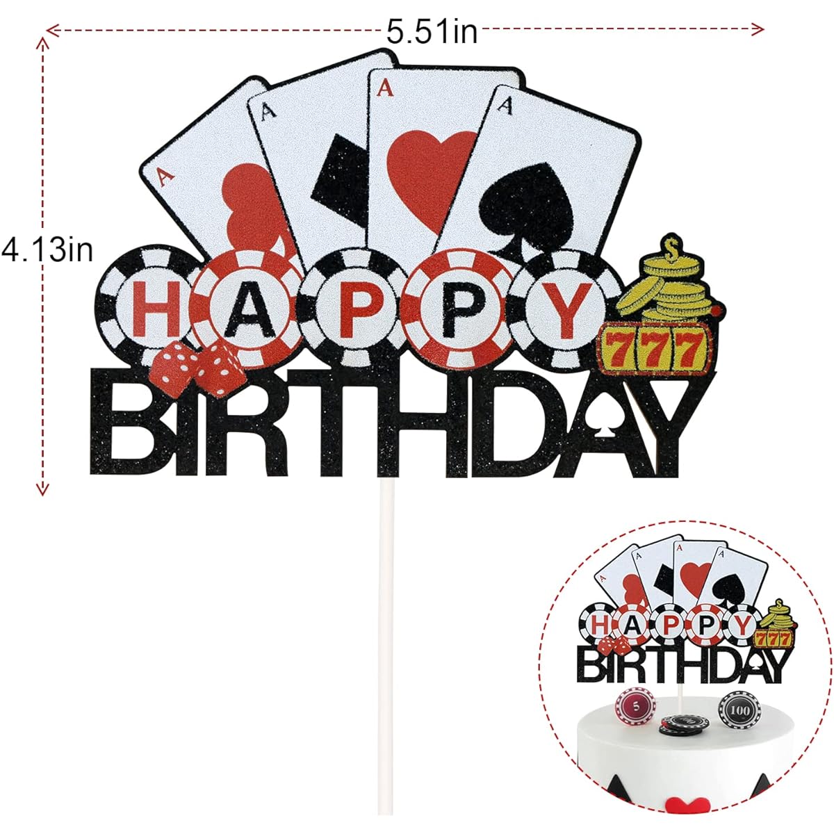 Casino Happy Birthday Cake Topper Poker Theme Birthday Cake Decoration Las Vegas Party Supplies Assembled Double Sided Glitter