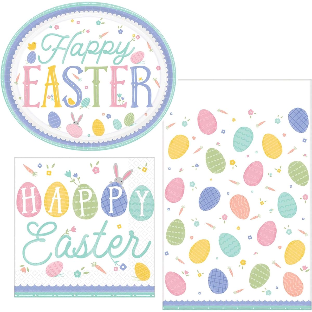 ClassicVariety Pretty Pastels Easter Napkins Plates Table Cover Party Set for 16 People with 1 Maze Game Activity Card