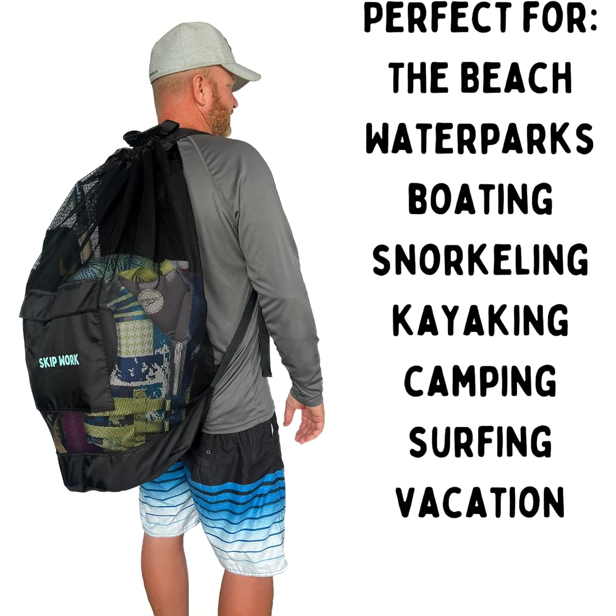Beach bag backpack mesh for water and sand toys, black
