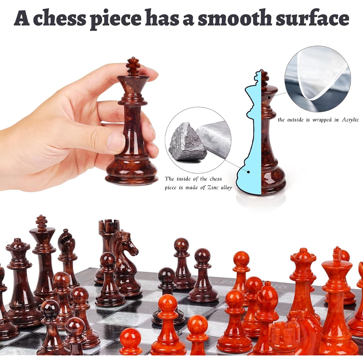 18.5" Large Chess Set for Adults Kids, Acrylic + Zinc Alloy Metal, Heavy Chess Pieces, Portable Foldable Chess Board, Elegant Travel Chess Set, Board Game Gift - Classic Staunton Chess Pieces