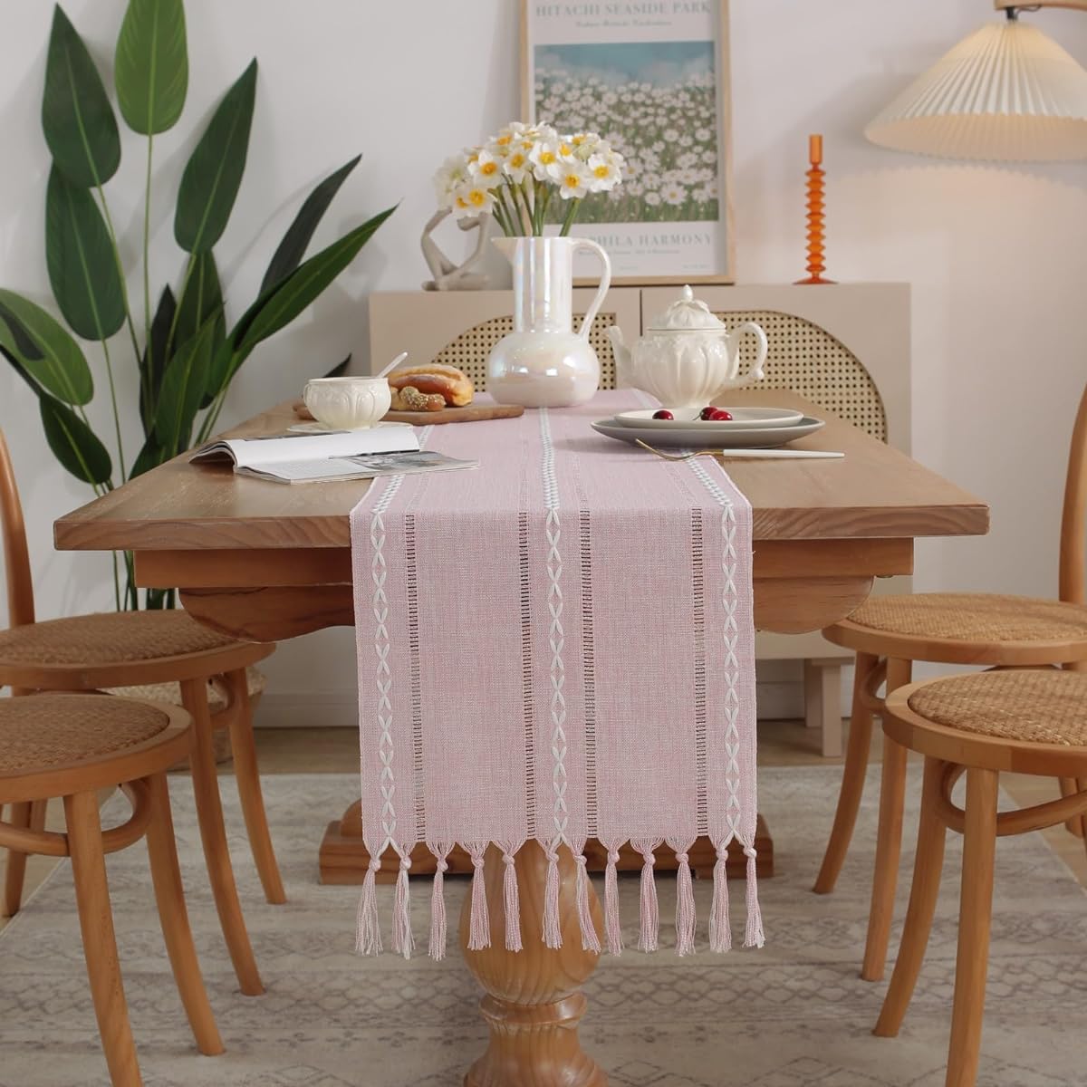 Rakila Linen Table Runner Rustic Boho Style Farmhouse Embroidered Table Runner with Tassels for Kitchen Dining Indoor/Outdoor Party Table Decor Pink 13 x 72 Inch