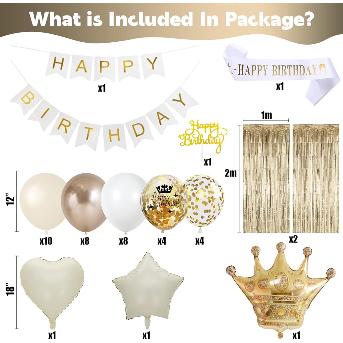 White and Gold Birthday Decorations Beige Neutral Birthday Decorations Cream Champagne Gold Birthday Balloons Happy Birthday Banner Foil Balloons Fringe Curtains for Women Girls Boho Birthday Party Supplies