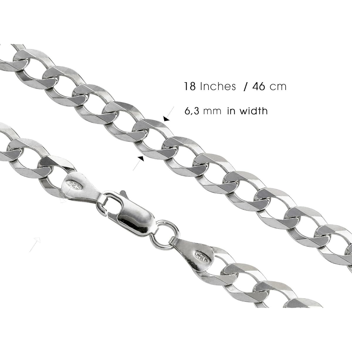 Aka Gioielli® - 925 Sterling Silver Rhodium Flat Curb Chain 6.3mm Necklace - Sizes: 18" 20" 22" 24" 26" 30"