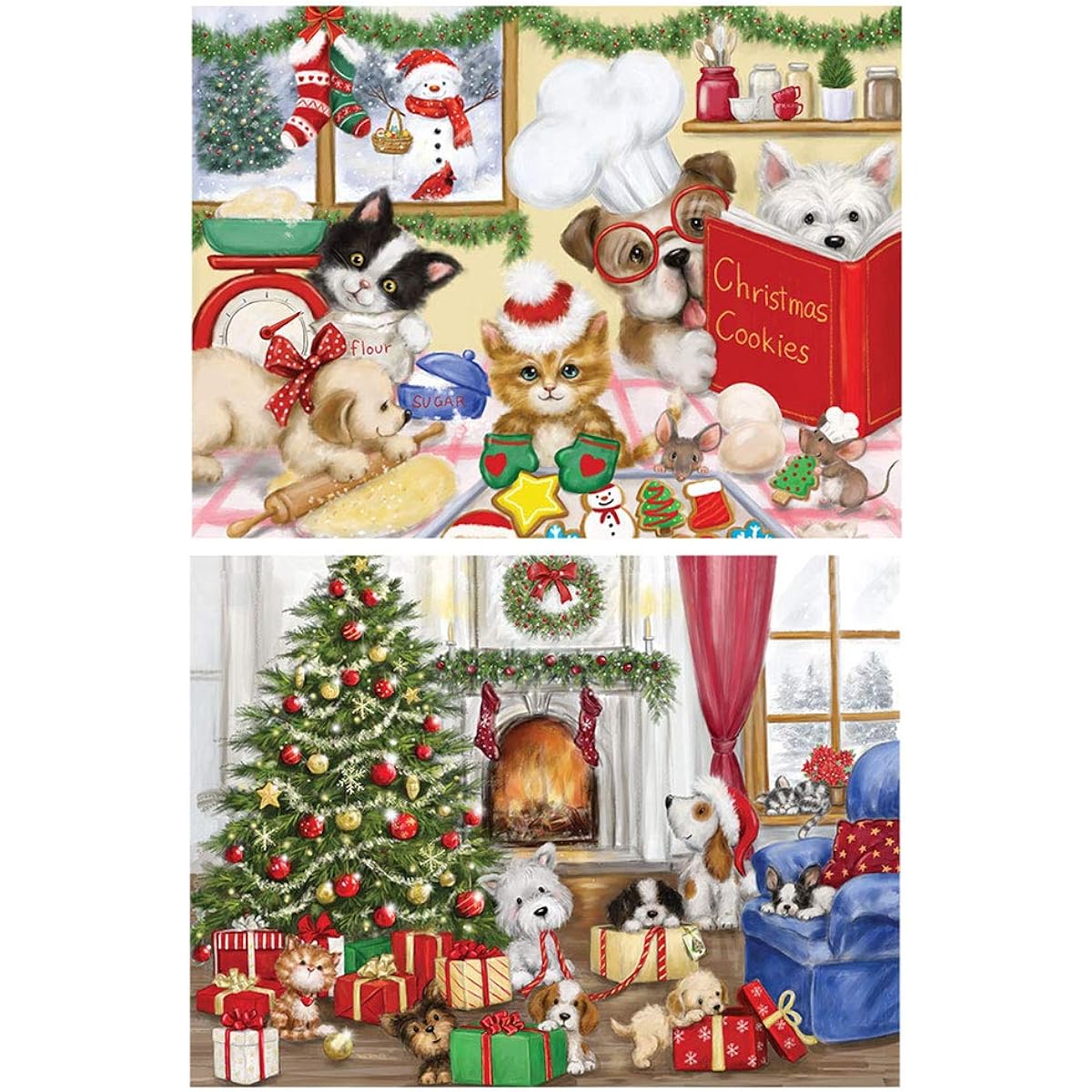 Bits and Pieces - Set of 2 500 Piece Jigsaw Puzzles for Adults - Each puzzle measures 16" x 20" - Christmas Dog and Cat Jigsaw by Artist Makiko