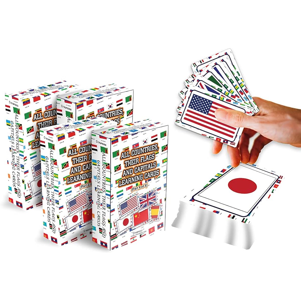 Creanoso Bulk Set of Flags and Capitals Learning Cards for Kids (4 Decks) - Cute Keepsake Decorative Decals Supplies - Christmas Present Gifts for Boys/Girls/Christmas/Holiday Activities - DIY Art