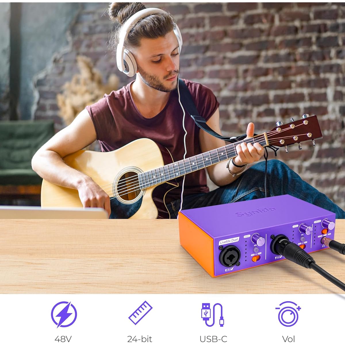Synido 2 Channel USB Audio Interface for Recording and Podcasting Hi-Fi Studio Quality Dual Compact Digital Audio Interface for Guitarist/Vocalist/Podcaster/Producer Purple