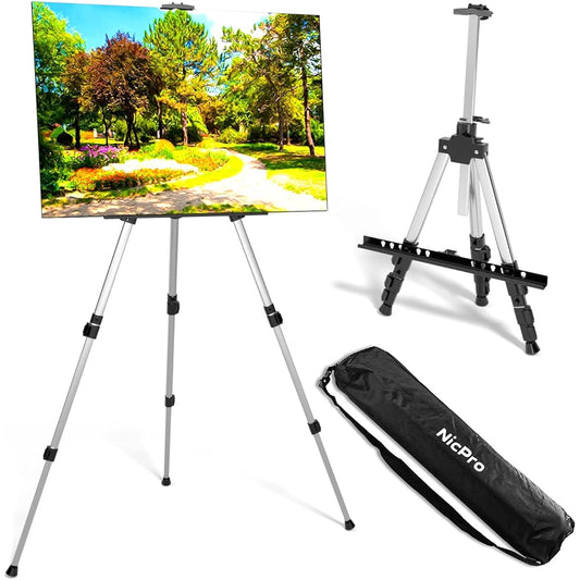 Nicpro Painting Easel for Display, Adjustable Height 17" to 66" Tabletop & Floor Art Easel Aluminum Tripod Artist Easel Stand for Painting Canvas, Wedding Sign with Carry Bag, Silver