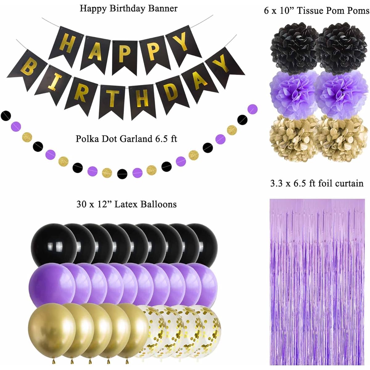 ANSOMO Black Purple and Gold Happy Birthday Party Decorations Balloons Decor for Women Men Boys Girls 16th 20th 25th 30th 35th 40th 45th 50th 60th 70th