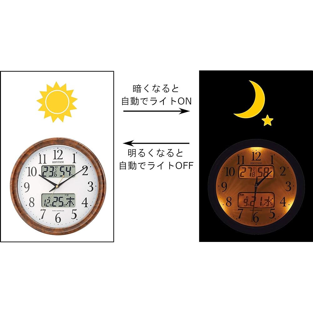 RHYTHM Wall Clock Radio Clock Analog Pure Calendar M617SR Dark Light Automatic Lighting Calendar Temperature/Humidity Display Brown (Wood Grain Finish) 4FY617SR23