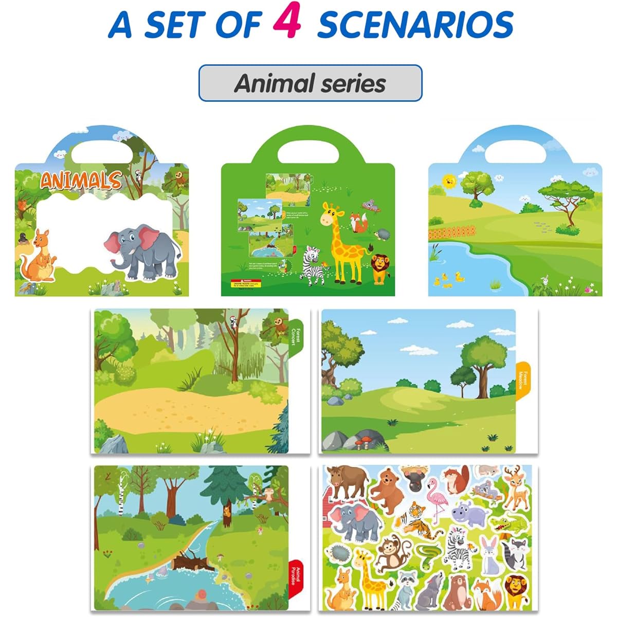 Wcaro Reusable Sticker Book for Kids 2-4 Years - Removable Stickers for Kids Wrist Stickable Animal Stickers Activity Book Toddler Travel Toy Sticker Book for Girls Boys Birthday Gift (Animals)