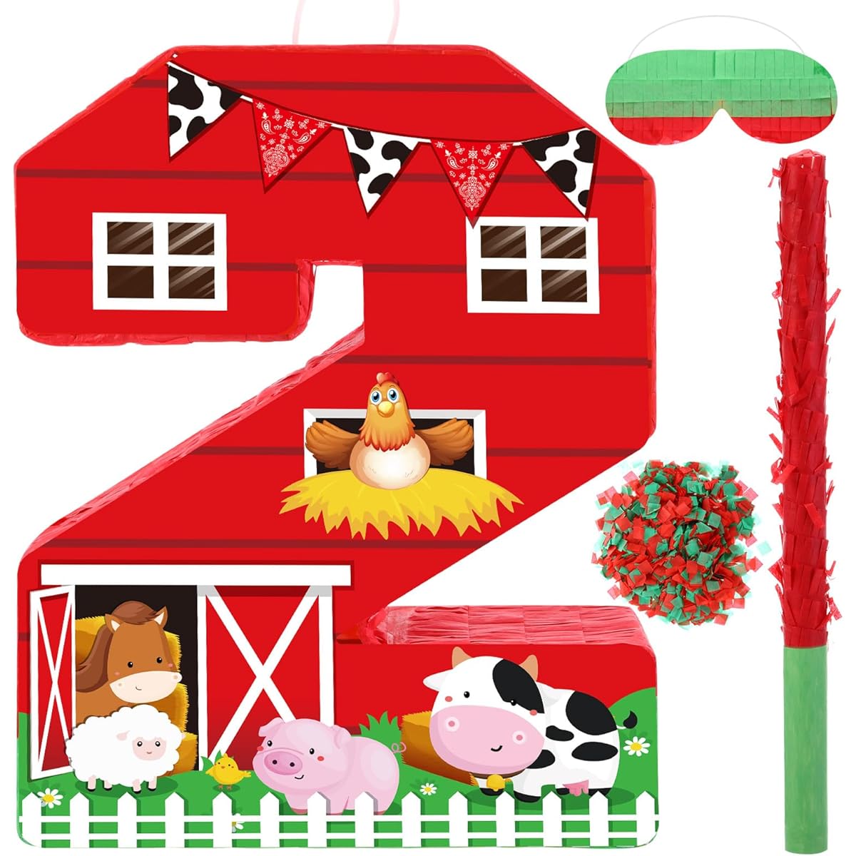 Hungdao Farm Birthday Pinata, Number Pinata with Blindfold Bat and Confetti, Farm Animals Pinata for Boys Girls Birthday Party Decorations Barnyard Baby Shower Carnival Game Supplies (Number 2 Style)