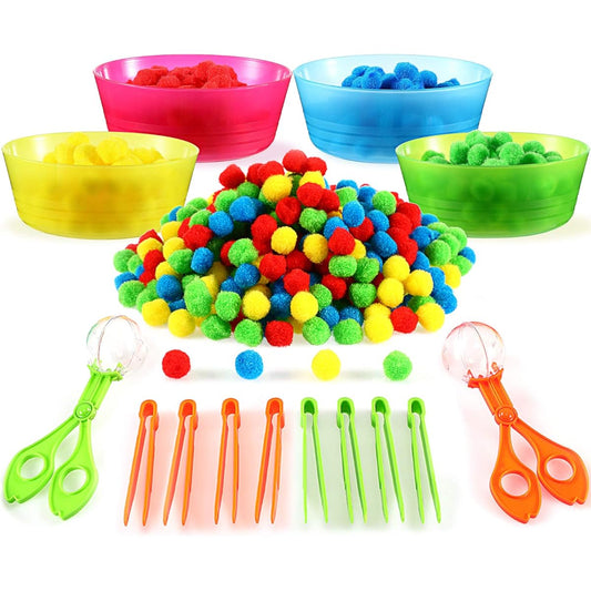 138 Piece Fine Motor Skills Toy for Early Education Sorting and Counting Training Development, 8 Sorting Bowls, 2 Scissor Clips, 8 Tweezers, 120 Colorful Plush Balls, Ages 5+