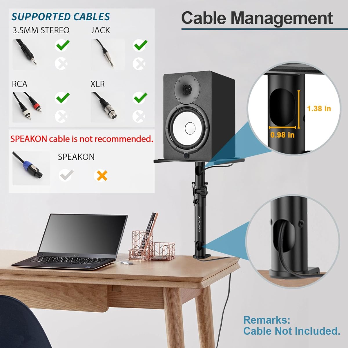 Vondynote Set of 2 Sturdy Studio Monitor Stands Desktop Clamps Speaker Stands with Cable Management Upgraded Metal Color
