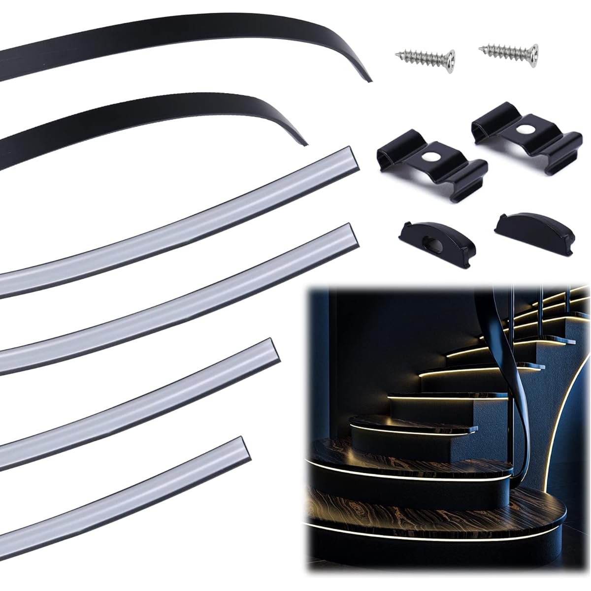 Muzata 6 Pack 3.3ft/1m Flexible Black LED Channel with Milky White LED Cover Lens Bendable Aluminum Profile Housing Track Anodized Curved Mount for Strip Tape Light U106 1M BW LB1