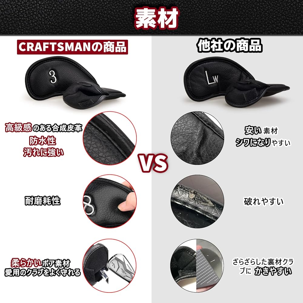 CRAFTSMAN Golf Iron Cover Velcro Closure Head Cover Set of 12 Pieces (3-9, Aw, Pw, Sw, Lw, Lw) Number Embroidery Wedge Cover Synthetic Leather