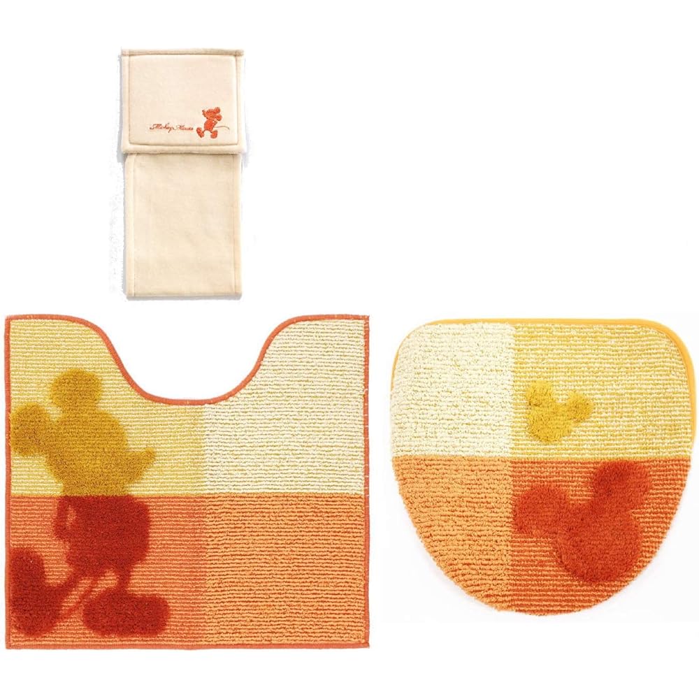 Disney Mickey Toilet Mat Set 3 Piece Set Orange Toilet Mat Cleaning Heating Type Lid Cover Paper Holder Orange Oka MC Style