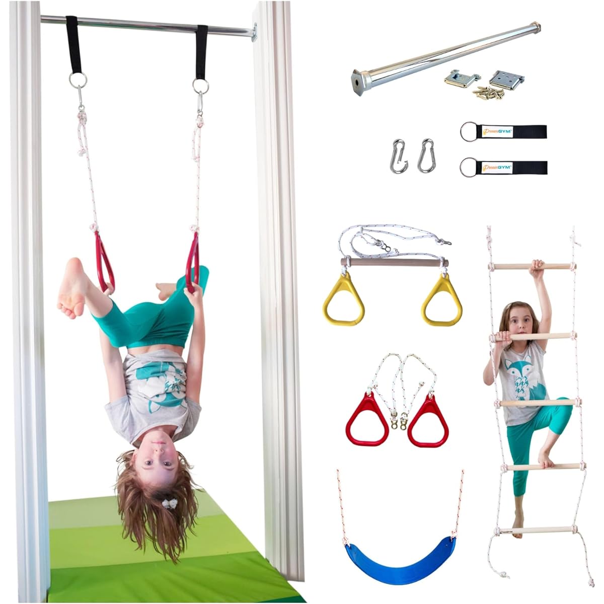 DreamGYM Indoor Swing & Playset Trapeze Bar Combo Gymnastics Ring Rope Ladder & Belt Swing