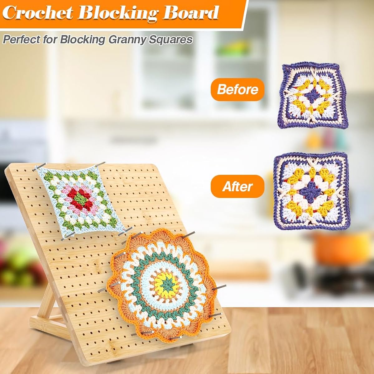 Kannino Crochet Block Board 11.4 x 11.4 Inch Blocking Board Crochet Grandma Square Crochet Accessories Includes 20 Stainless Steel Pins and Crochet Kit