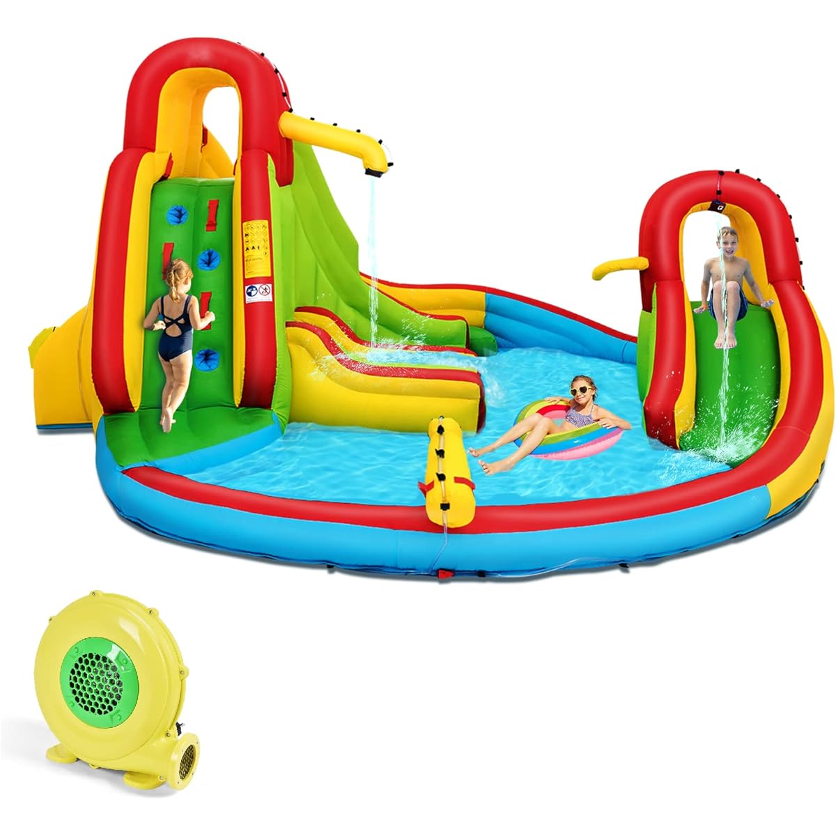 HONEY JOY Inflatable Bounce House, Double Slide Bouncer with Air Bouncer, Splash Pool, Climbing Wall, Oxford Carry Bag, Kids Water Slide Park, Outdoor Fun