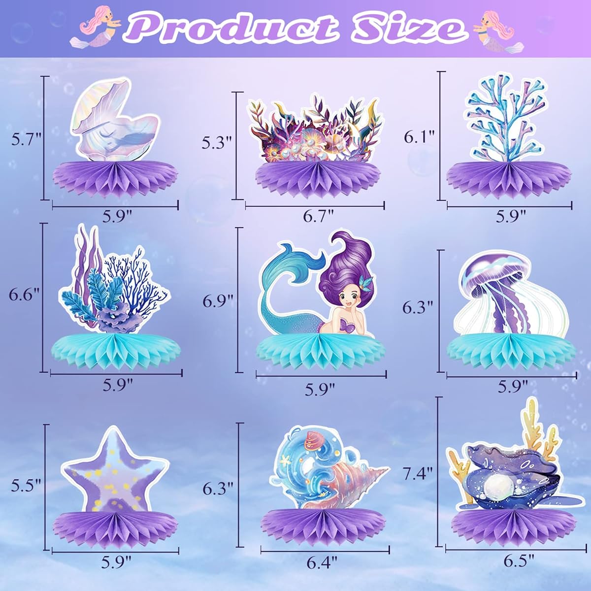 9 Pieces Mermaid Party Decorations Honeycomb Table Centerpiece Party Supplies for Girls Little Mermaid Sea Theme Birthday Baby Shower Party Decorations