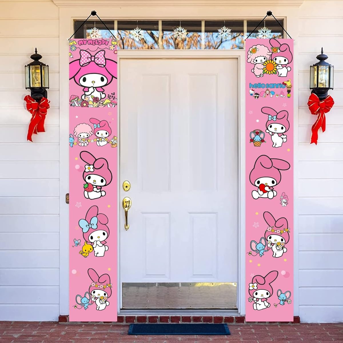 My Melody Birthday Porch Sign Door Hanging Banner Melody Birthday Party Supplies for Kids Wall Decor Decor 2 Pieces
