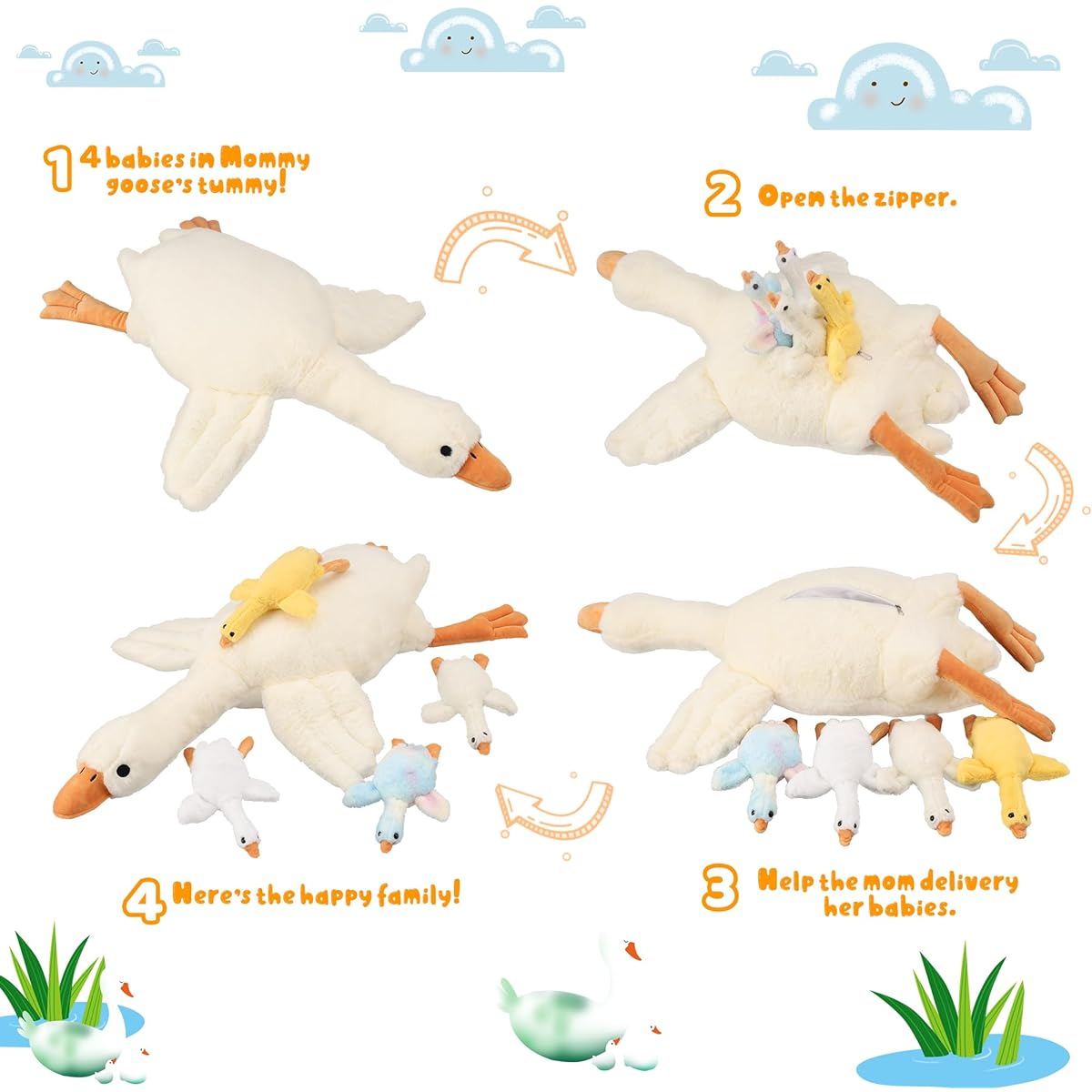 31" Goose Plush Toy, 4 Cute Baby Goose Stuffed Animals in Belly, Soft Duck Stuffed Animal, Swan, Body Pillow, Gift for Kids, Friends
