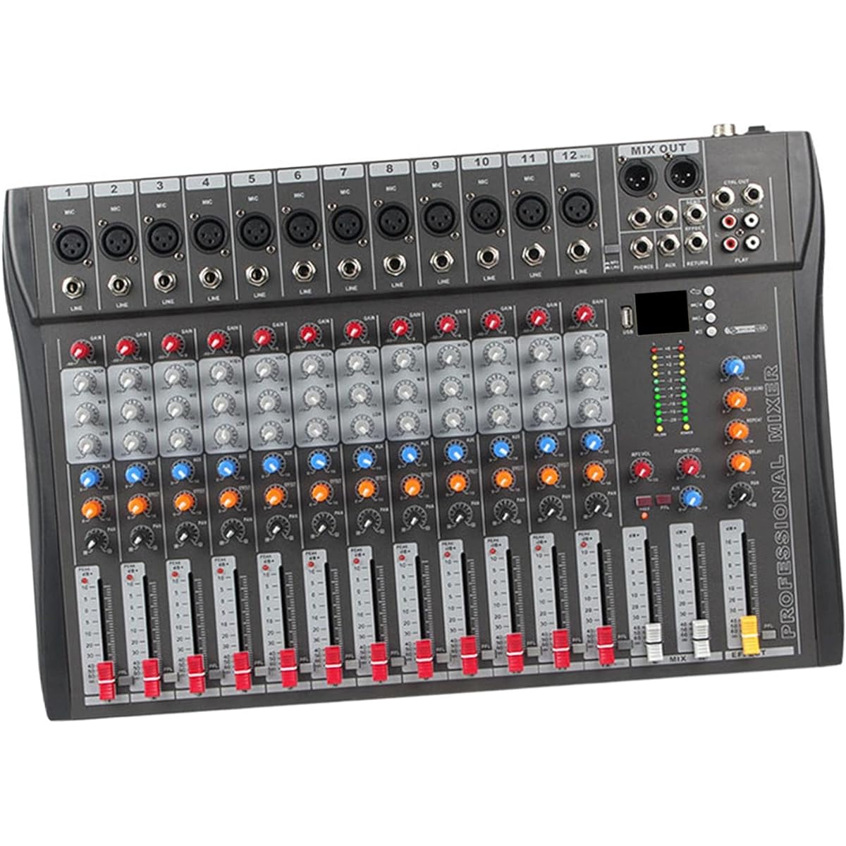 LOL-FUN 12 Channel Audio Mixer DJ Sound Controller USB TRS Input V5.0 48V XLR Jack Karaoke Interface Mixing Board Live Studio Stereo