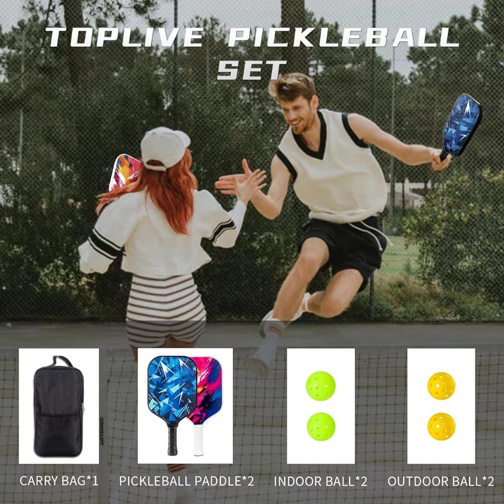 Toplive Pickleball Racket Set, 2 Pickleball Paddles, 4 Pickleball Balls, Beginner Pickleball Balls with 1 Pickle Ball Storage Bag, Durable Competition Racket for Outdoor and Indoor Use