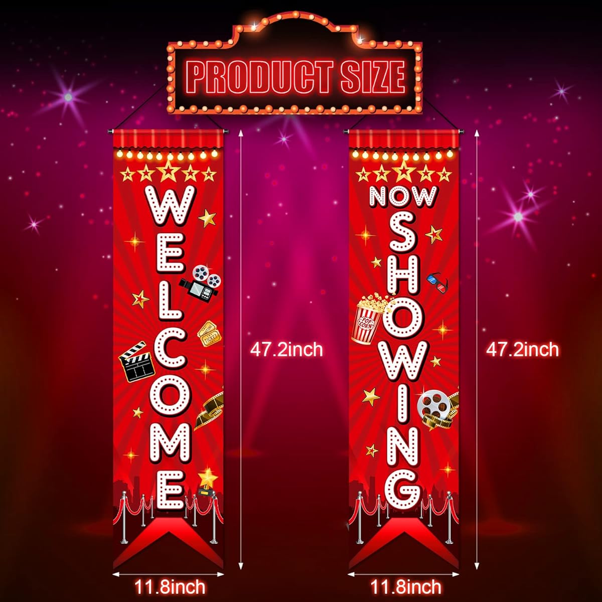 Movie Night Porch Sign Banner, Movie Theme Party Decorations Movie Theater Welcome Now Show Lights Camera Action Hanging Porch Sign Home Film Backdrop Party Supplies (Classic Style 2pcs)