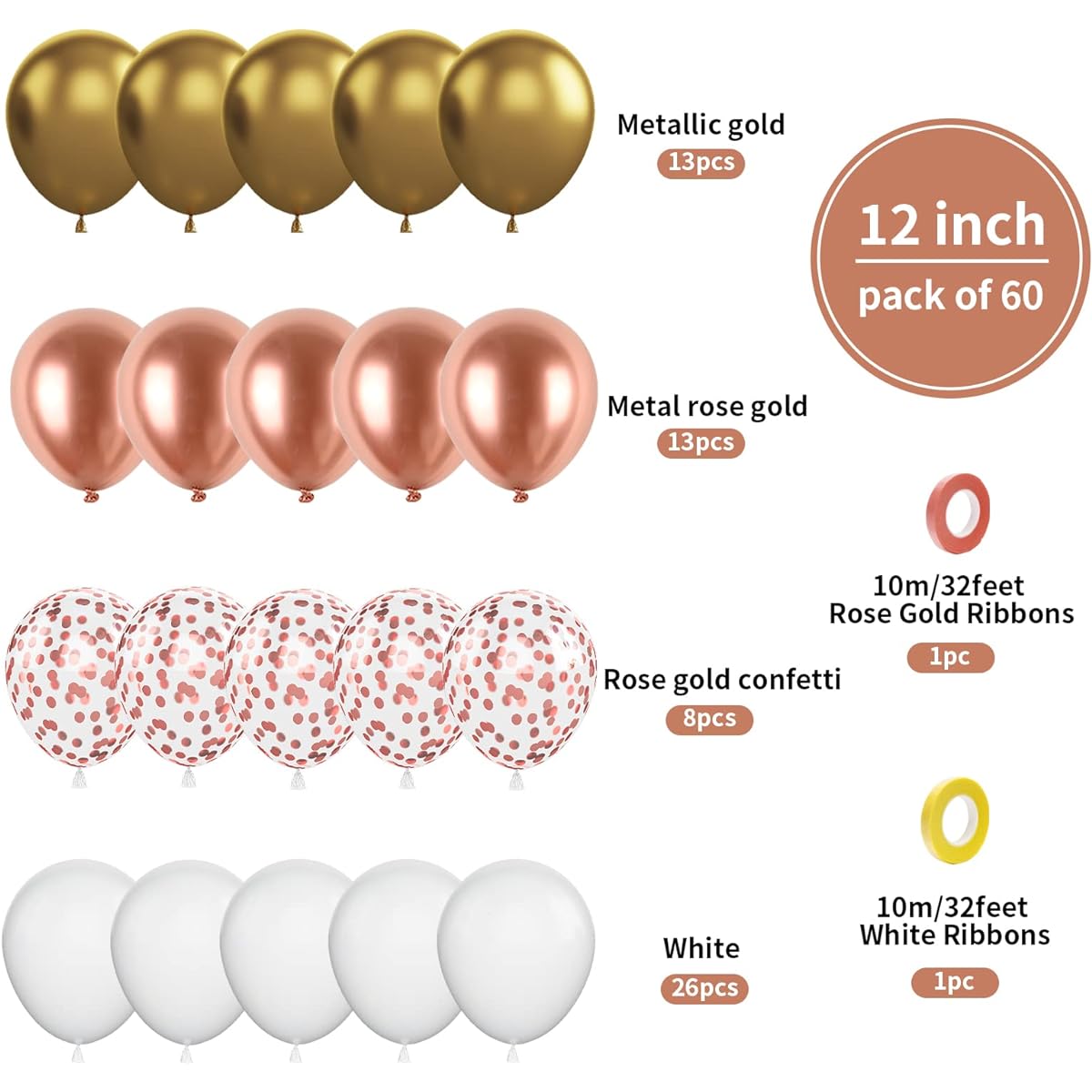 Biapian Rose Gold Balloons Set, 60PCS Rose Gold and Gold Birthday Balloons, 12 Inch Metallic Gold White Latex Balloons Rose Gold Confetti Balloons for Girls Women Birthday Baby Shower Wedding Supplies