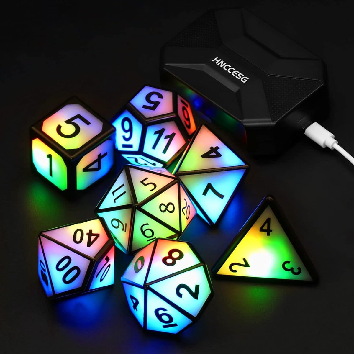 HNCCESG Luminous DND Dice, Rechargeable LED D&D Dice 7pcs Electronic Dice with Charging Box, Dungeons & Dragons Dice Polyhedral Glow Dice Set for Tabletop Games Role Playing Games (Color Light)