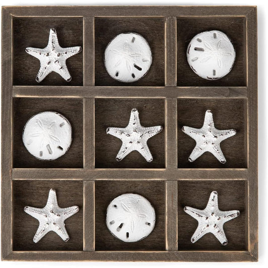Tic Tac Toe Game with Resin Seashell Starfish and Wooden Board Beach House Family Travel Beach Game Room Decor
