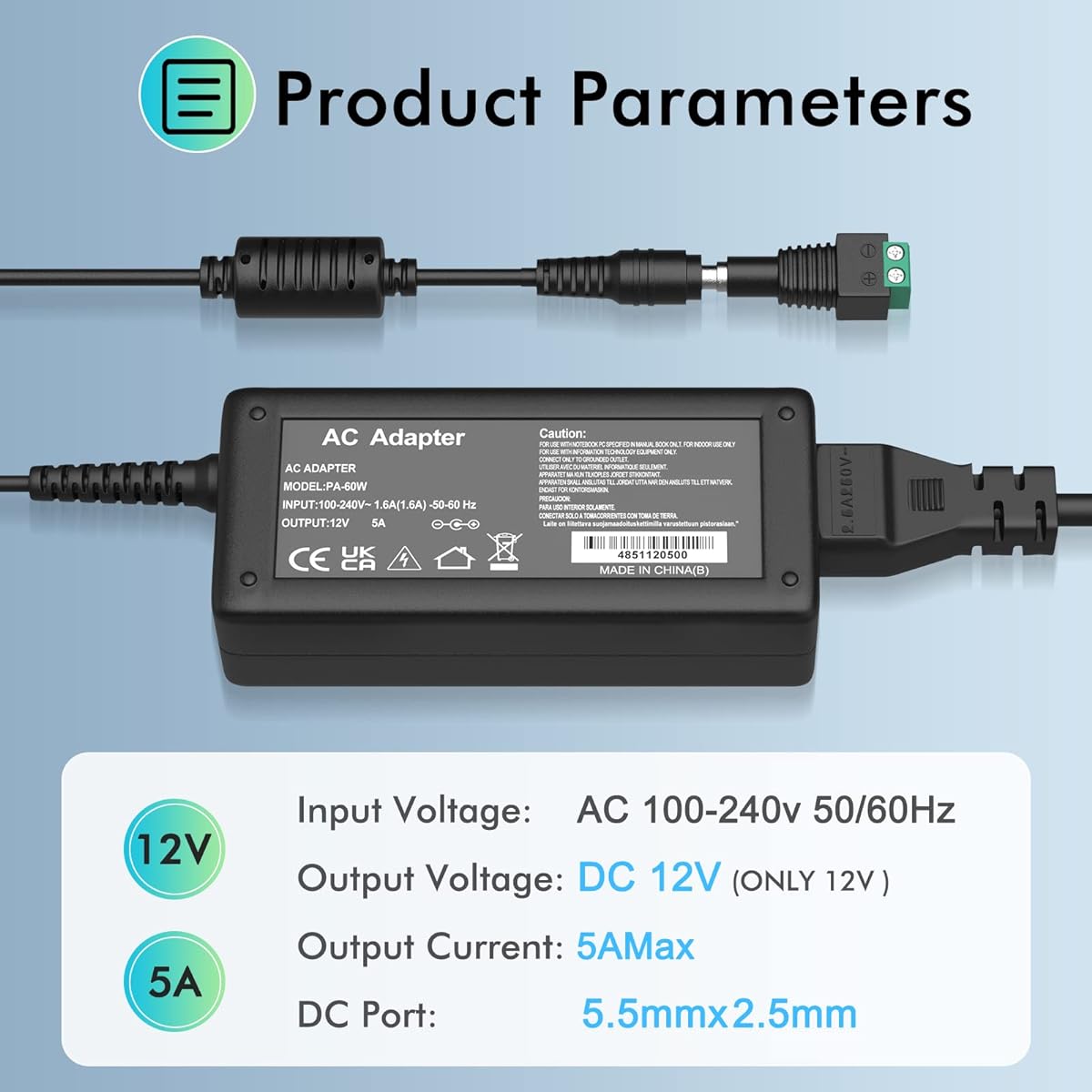 Waysse 12V 5A Power Supply 12V 5A 60W AC Adapter 12 Volt 5amp AC/DC Power Adapter Converter Transformer AC 100-240V 5.5x2.5mm DC Plug for LED Strip Light CCTV Camera