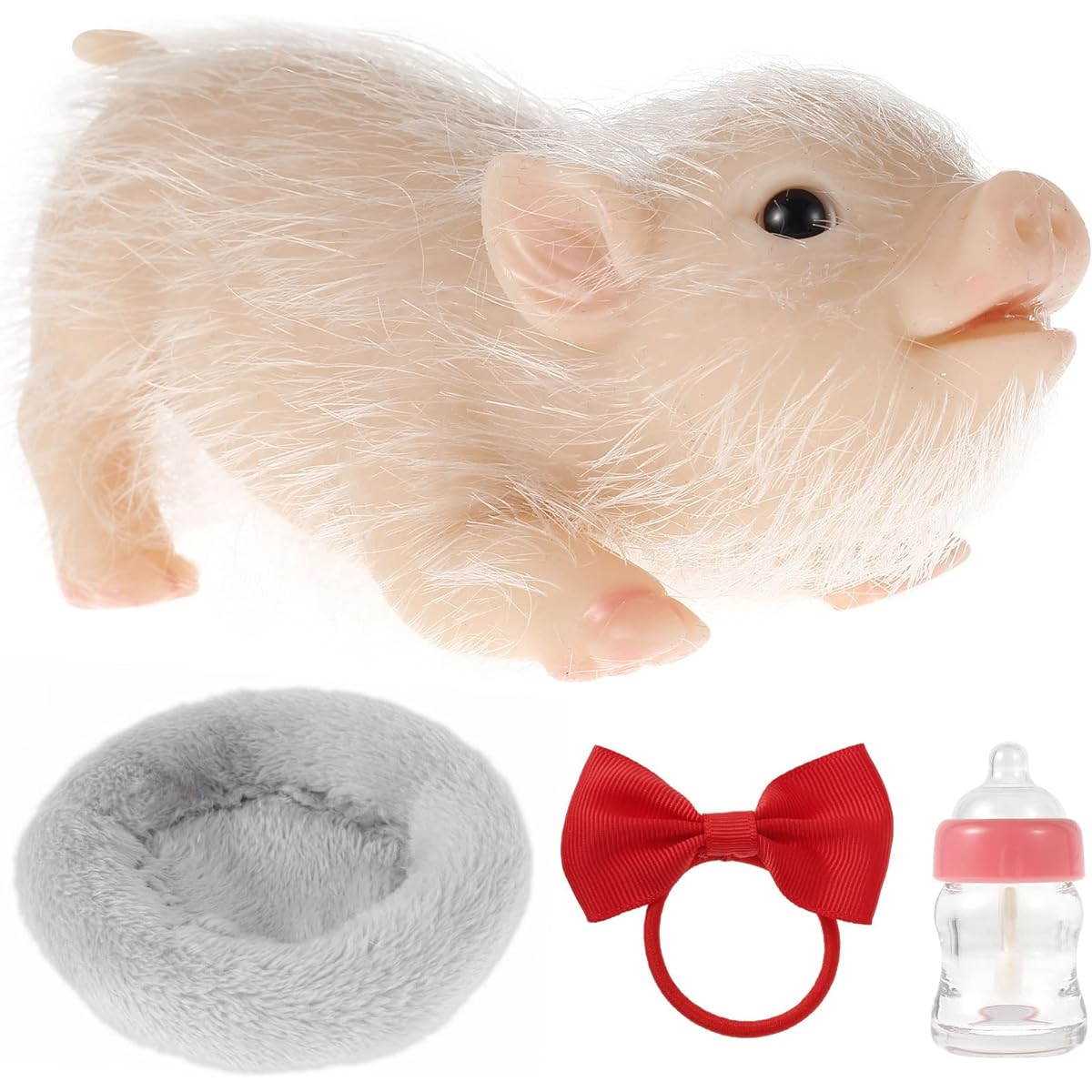 Eummy Full Silicone Body Animal Pig Kids Doll Silicone Pig Cute Realistic Pig Toy Mini Baby Piggy Doll Soft Body with Pig Bowknot with Feeding Bottle and Sleeping Pad Gift for Kids(Style 2)