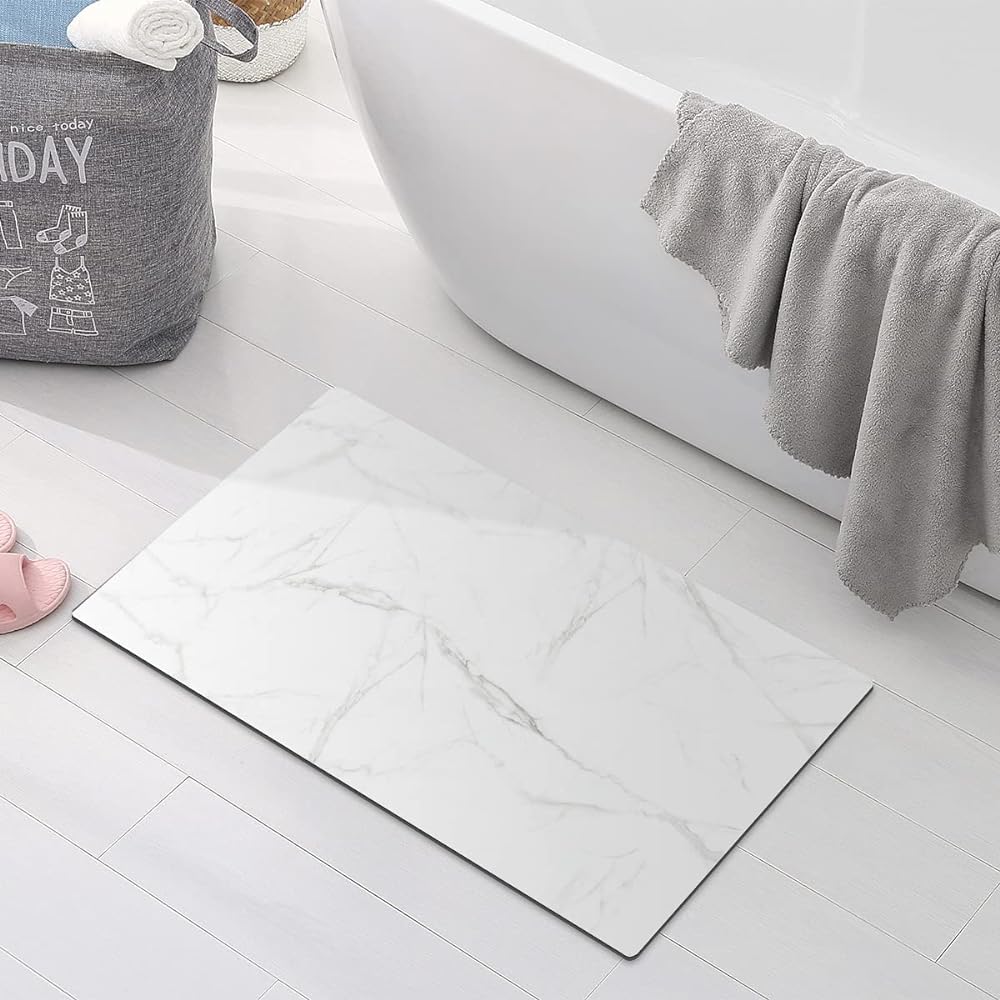 GOYLSER White Bath Mat for Bathroom Anti-Slip Bath Floor Mat Washable Bathroom Runner White Bathroom Rug Cut Fit Quick Dry Plain White Bath Mat for Bathroom (White Marble)