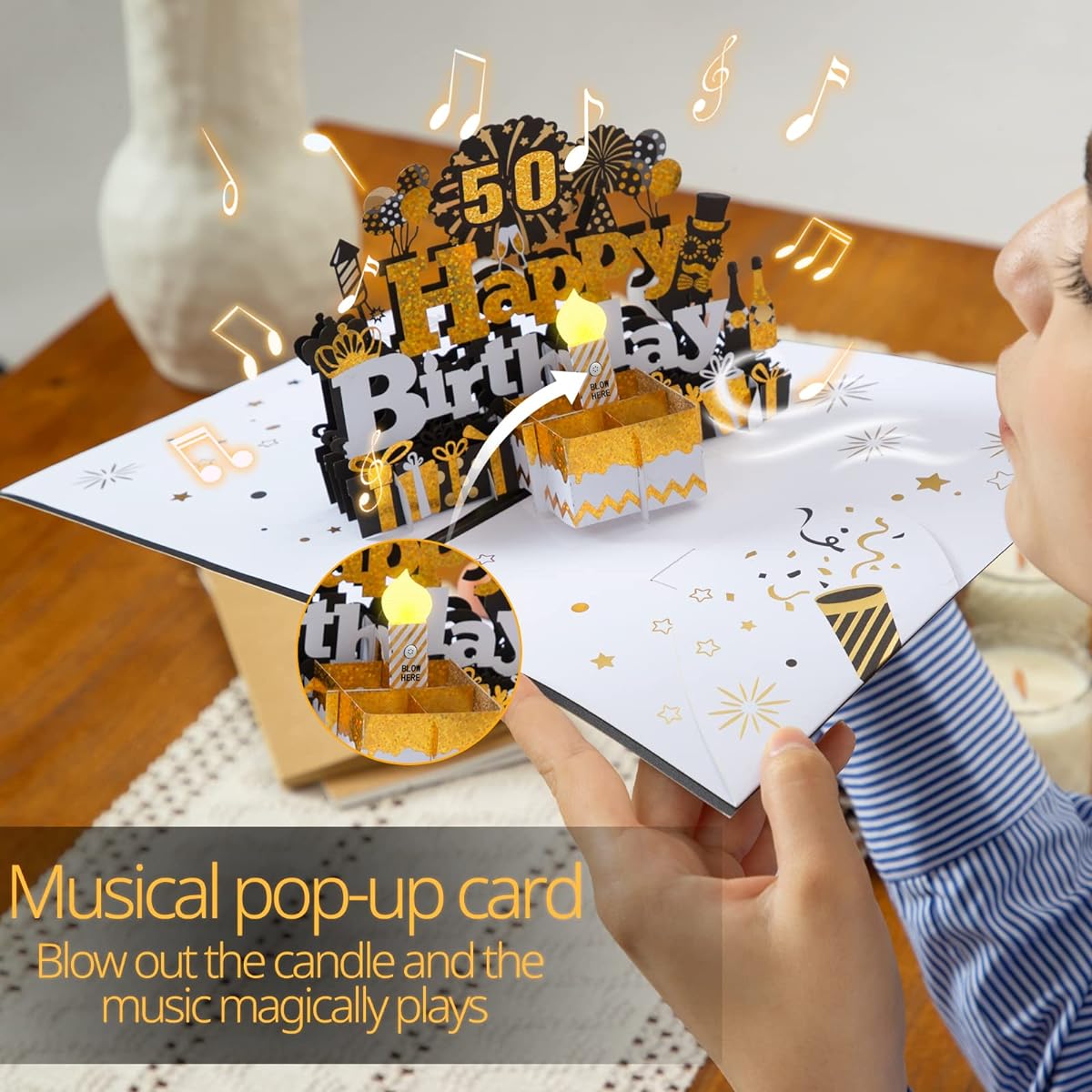 Birthday Card 50 Years Old Musical Birthday Card with Light Blowout Candle 3D Birthday Pop Up Card Blowout LED Light Candle Happy Birthday Musical Greeting Card for Men and Women - Black Gold