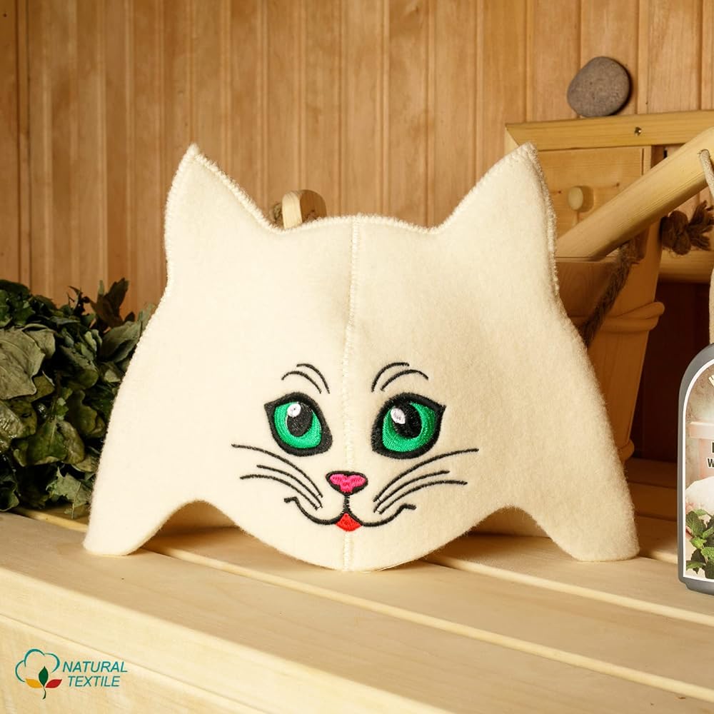 Natural Sauna Hat "Sauna Kitten Green" White/Gray 100% organic wool material makes you feel like you're in a Russian sauna - Protects your head from the heat - English e-book about saunas Comes with a guide – with embroidery