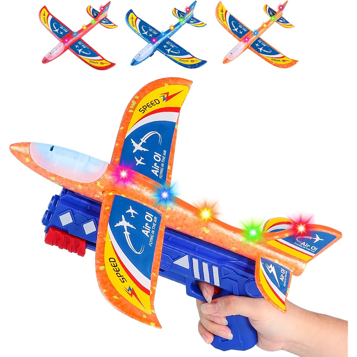 Sdtom 3 Pack Airplane Launcher Toy Kids Toys Gifts for 4 5 6 7 8 9 10 11 12+ Years Old Boys Girls LED Light Plane with 3 Sets DIY Stickers Outdoor Sports Game Gift Toys