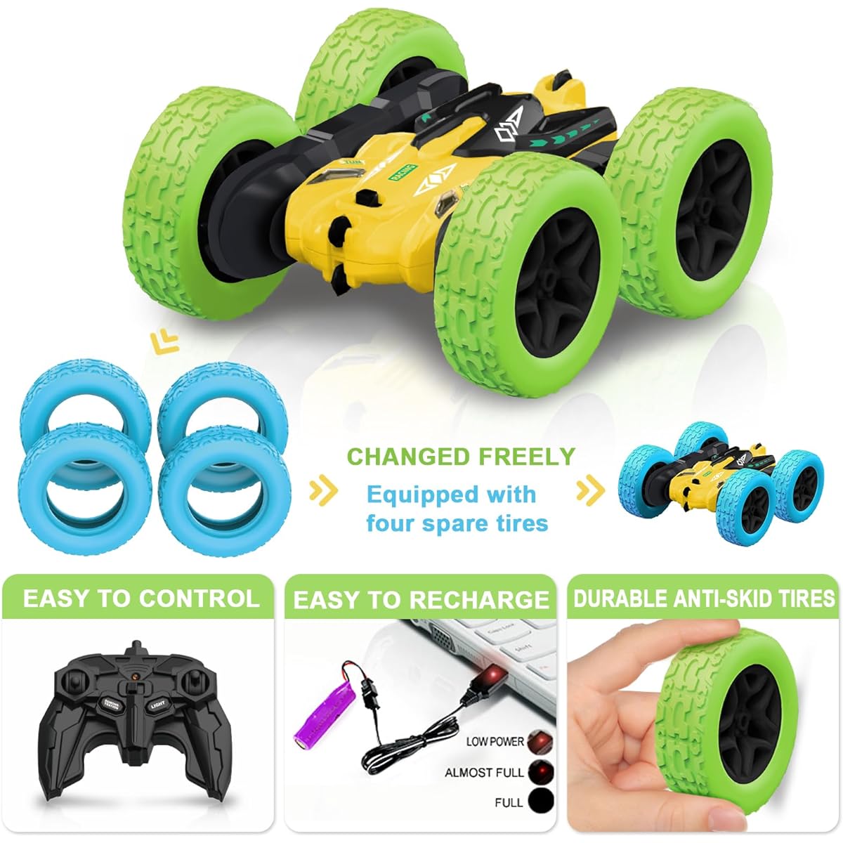 seveclotree Remote Control Car RC Car for Kids 4WD 2.4Ghz Double Sided 360° Rotation Stunt Car with Headlights Toy Car for Boys Girls Ages 6 7 8 9+