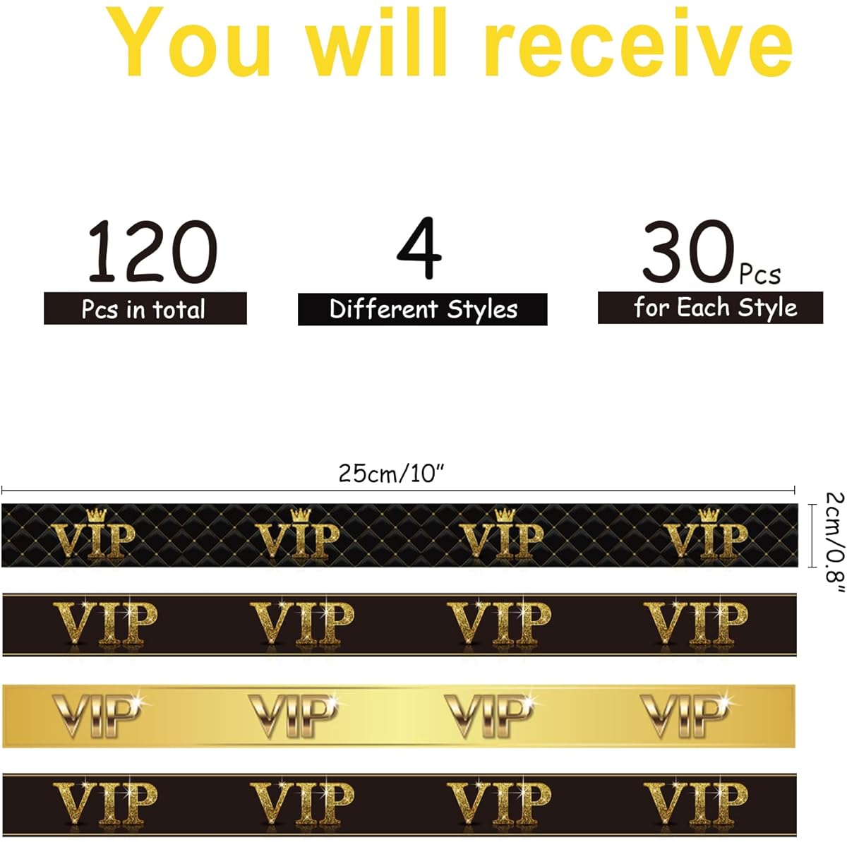 120 Pieces VIP Wristbands Paper Waterproof Gold Bracelets for Event Games VIP Party Decorations Favors for Girls and Boys, 4 Patterns