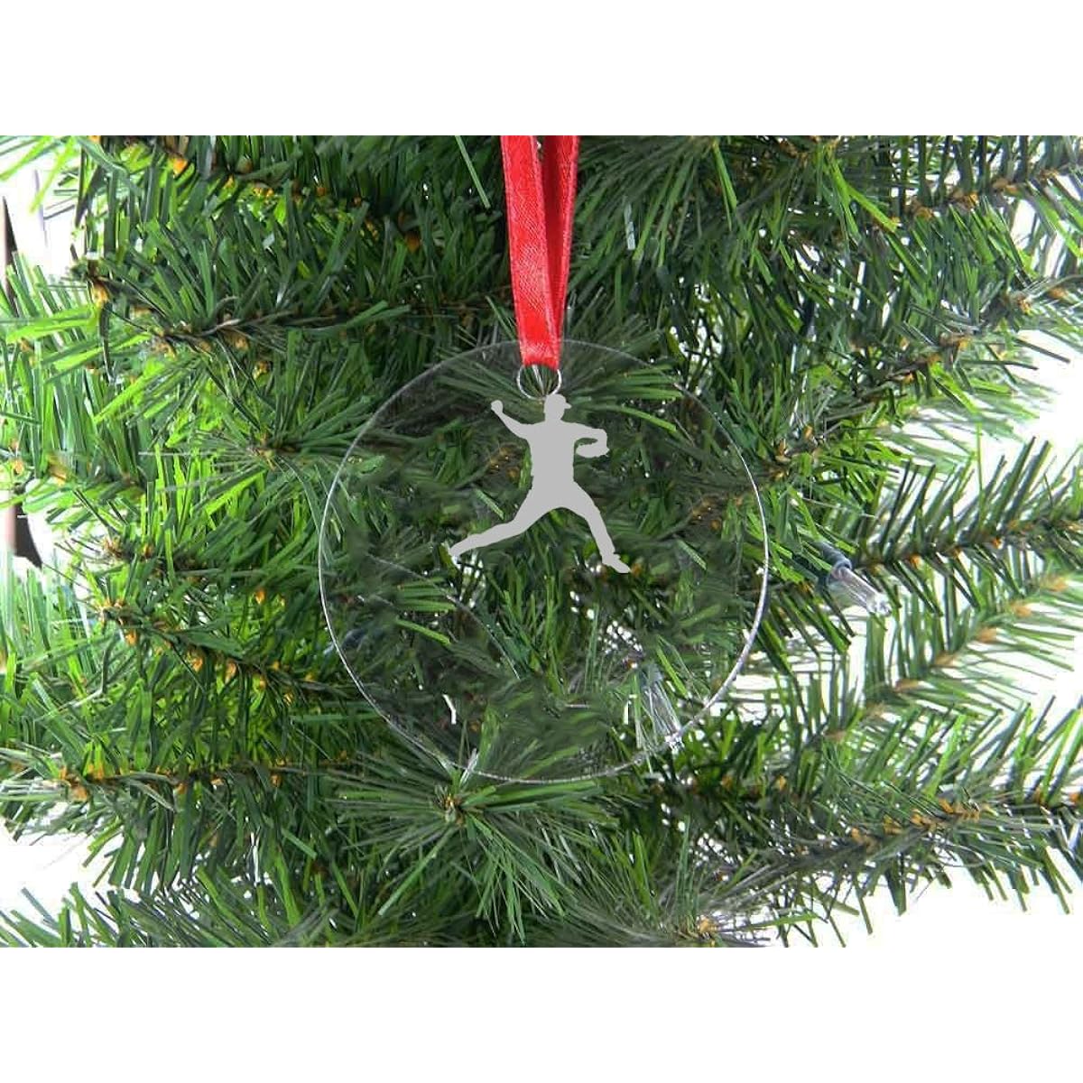 Personalized Custom Baseball Pitcher Clear Acrylic Hanging Christmas Tree Ornament with Red Ribbon