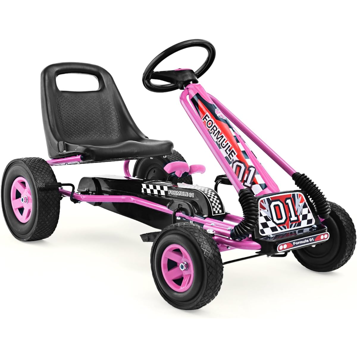 HONEY JOY Go Kart for Kids 4 Wheel Quad Off-Road Pedal-On-Foot Go Kart with Steering Wheel & Adjustable Seat, 2 Safety Brakes, EVA Rubber Tires, Clutch, Outdoor Racer Ride-On Pedal Car (Pink)