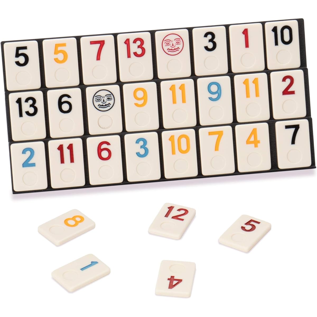 Deluxe Rummy Tile Game Rummikub Family Board Game - Try Traditional Turkish Rules or Play the Classic Way - 104 Tiles, 2 False Jokers, 4 Tile Holders, 1 Dice, Instructions