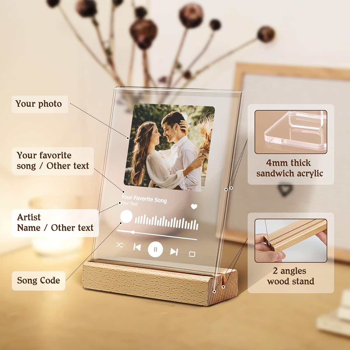 TESFANS Custom Spotify Plaque with Photo, Personalized Acrylic Song Plaque, Customized Clear Music Plaque with Song Code, Acrylic Album Cover, Gift for Music Lovers, Anniversary - 4" x 6"