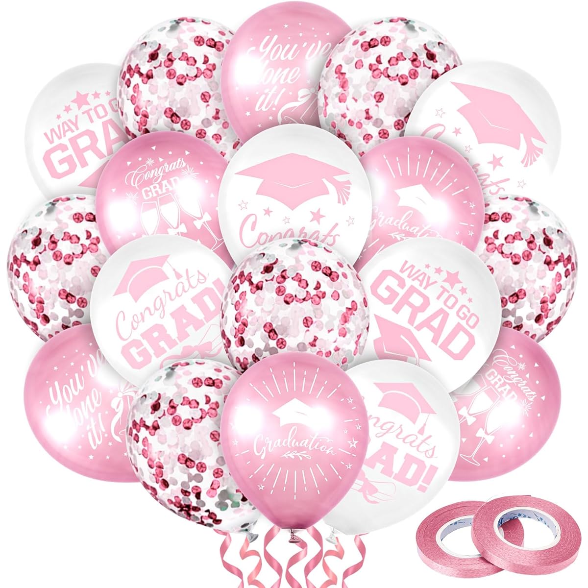 Whaline 60pcs Graduation Party Balloons Set, 7 Designs Confetti Latex Balloons with 2 Rolls Ribbon, Graduation Cap, Graduation Party Decorations Supplies (Pink, White)
