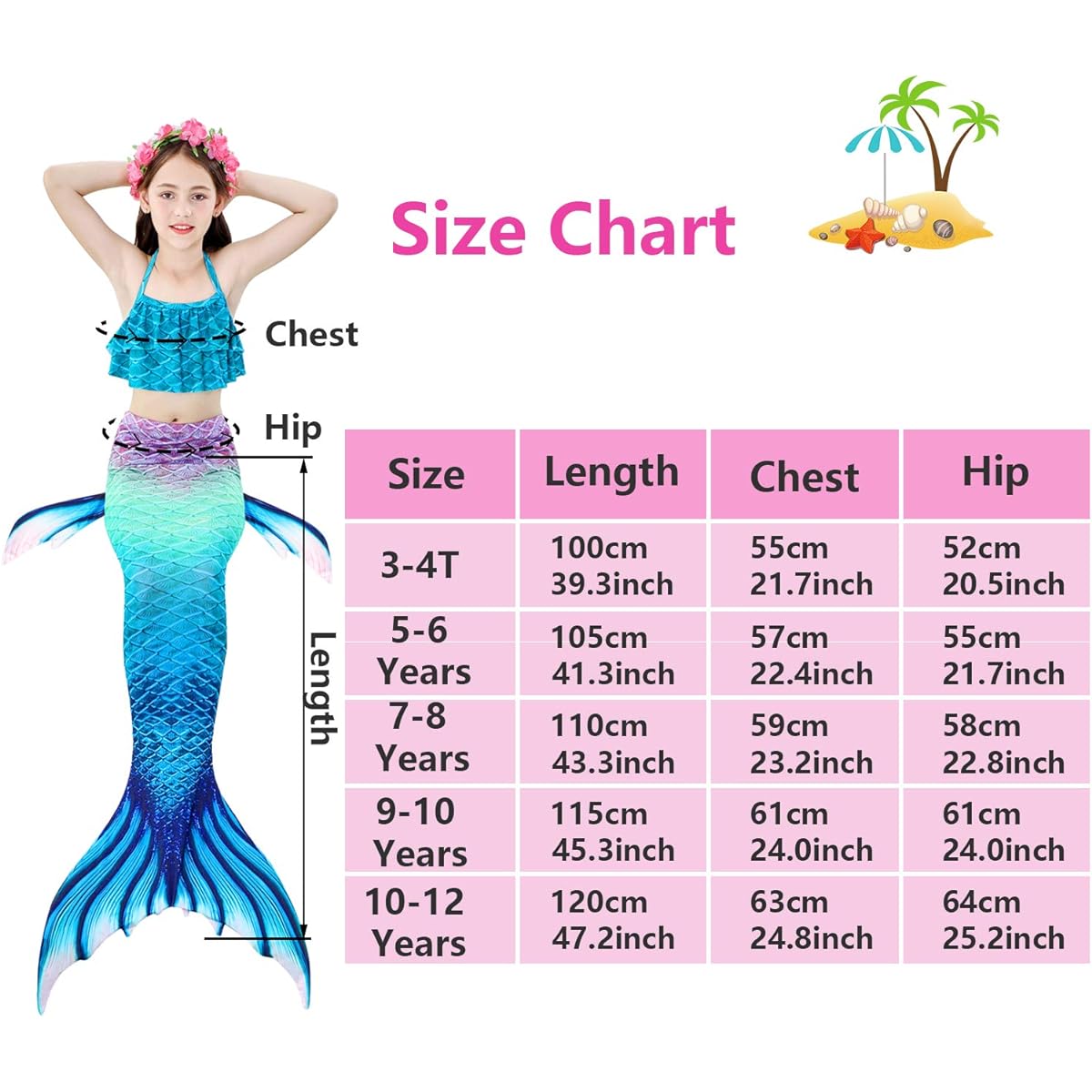 [FUAUFAS] Bxysxly 5Pcs Girls Swimsuit Mermaid Tails for Swimming Kids Bikini Costume Sets with Flower Headband (No Monofin) (GB01-B,5-6 Years)